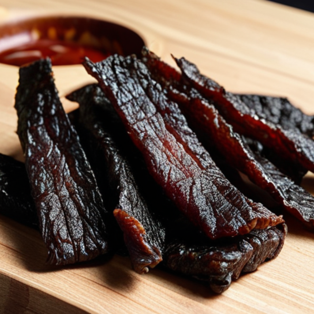 **

Prompt: Close-up of Jeju black pork jerky, showcasing premium ingredient and rich texture, studio lighting.

**