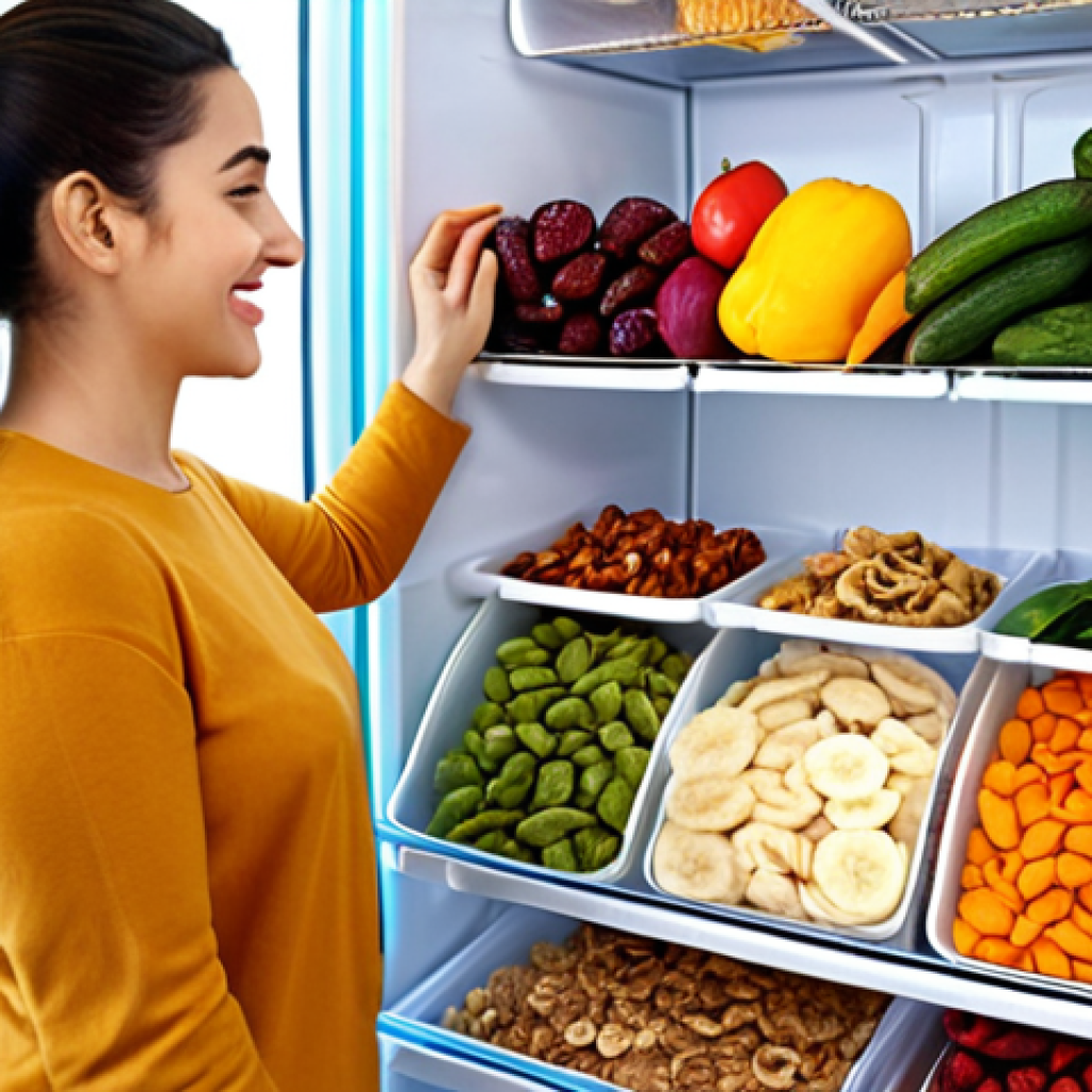 A woman happily organizing colorful dried fruits and vegetables in a neatly arranged refrigerator, showcasing efficient space utilization.