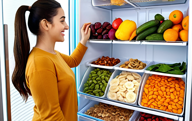 A woman happily organizing colorful dried fruits and vegetables in a neatly arranged refrigerator, showcasing efficient space utilization.