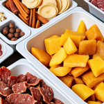 A vibrant, high-resolution image showcasing a diverse array of modern dried foods on a sleek kitchen counter or in a contemporary supermarket aisle. Focus on visually appealing textures and colors of dried fruits (e.g., bright berries, chewy mango slices), crisp vegetable chips, and premium protein snacks (e.g., gourmet beef jerky, chicken breast cubes). Subtle elements hinting at convenience like portable packaging, and health-conscious consumption, such as a hand reaching for a healthy snack or a small breakfast bowl featuring dried ingredients, should be visible. The lighting should be bright and inviting, emphasizing freshness and modern lifestyle appeal.