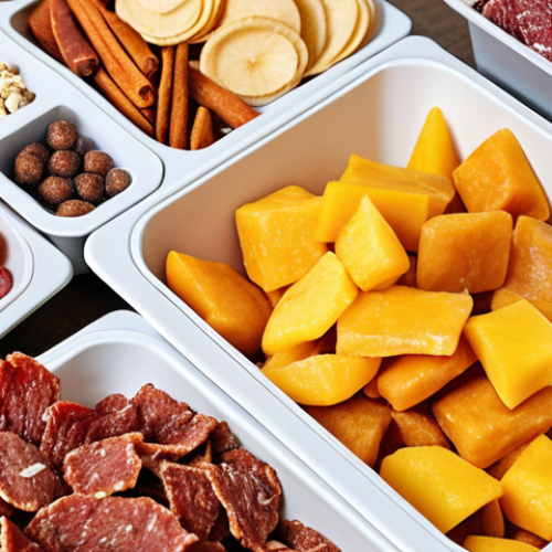 Home 22 A vibrant, high-resolution image showcasing a diverse array of modern dried foods on a sleek kitchen counter or in a contemporary supermarket aisle. Focus on visually appealing textures and colors of dried fruits (e.g., bright berries, chewy mango slices), crisp vegetable chips, and premium protein snacks (e.g., gourmet beef jerky, chicken breast cubes). Subtle elements hinting at convenience like portable packaging, and health-conscious consumption, such as a hand reaching for a healthy snack or a small breakfast bowl featuring dried ingredients, should be visible. The lighting should be bright and inviting, emphasizing freshness and modern lifestyle appeal.