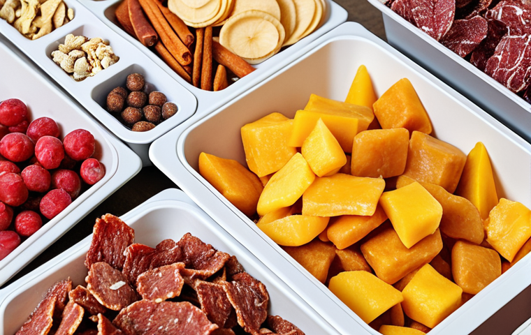 A vibrant, high-resolution image showcasing a diverse array of modern dried foods on a sleek kitchen counter or in a contemporary supermarket aisle. Focus on visually appealing textures and colors of dried fruits (e.g., bright berries, chewy mango slices), crisp vegetable chips, and premium protein snacks (e.g., gourmet beef jerky, chicken breast cubes). Subtle elements hinting at convenience like portable packaging, and health-conscious consumption, such as a hand reaching for a healthy snack or a small breakfast bowl featuring dried ingredients, should be visible. The lighting should be bright and inviting, emphasizing freshness and modern lifestyle appeal.