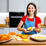 Home-Made Gluten-Free Snacks**

"A brightly lit kitchen scene featuring a variety of colorful, home-made gluten-free snacks such as apple chips, sweet potato chips, and almond slices, arranged on a wooden table. A smiling woman in an apron is visible in the background, preparing more snacks. Focus on fresh, natural ingredients. safe for work, appropriate content, fully clothed, family-friendly, perfect anatomy, correct proportions, natural pose, professional food photography, high quality."

**