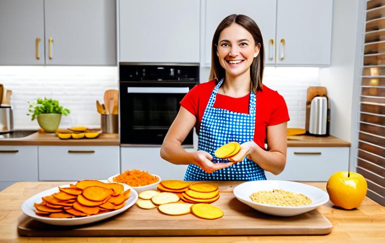 Home-Made Gluten-Free Snacks**
"A brightly lit kitchen scene featuring a variety of colorful, home-made gluten-free snacks such as apple chips, sweet potato chips, and almond slices, arranged on a wooden table. A smiling woman in an apron is visible in the background, preparing more snacks. Focus on fresh, natural ingredients. safe for work, appropriate content, fully clothed, family-friendly, perfect anatomy, correct proportions, natural pose, professional food photography, high quality."
**