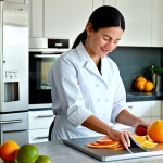 **

"A fully clothed woman expertly preparing food for dehydration, slicing fruits with a professional slicer in a clean, well-lit kitchen. Modest attire, appropriate content, safe for work, perfect anatomy, natural proportions, high-quality photography, focus on the slicer and fruit, bright and airy atmosphere."

**