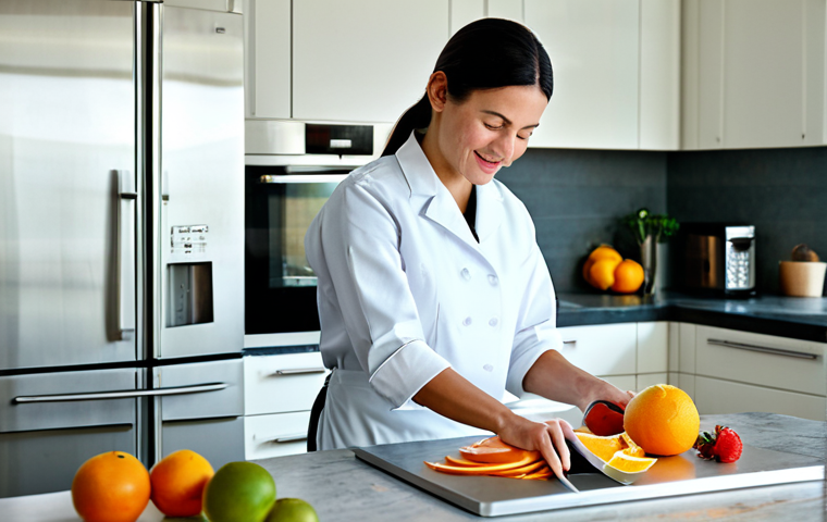 **
"A fully clothed woman expertly preparing food for dehydration, slicing fruits with a professional slicer in a clean, well-lit kitchen. Modest attire, appropriate content, safe for work, perfect anatomy, natural proportions, high-quality photography, focus on the slicer and fruit, bright and airy atmosphere."
**