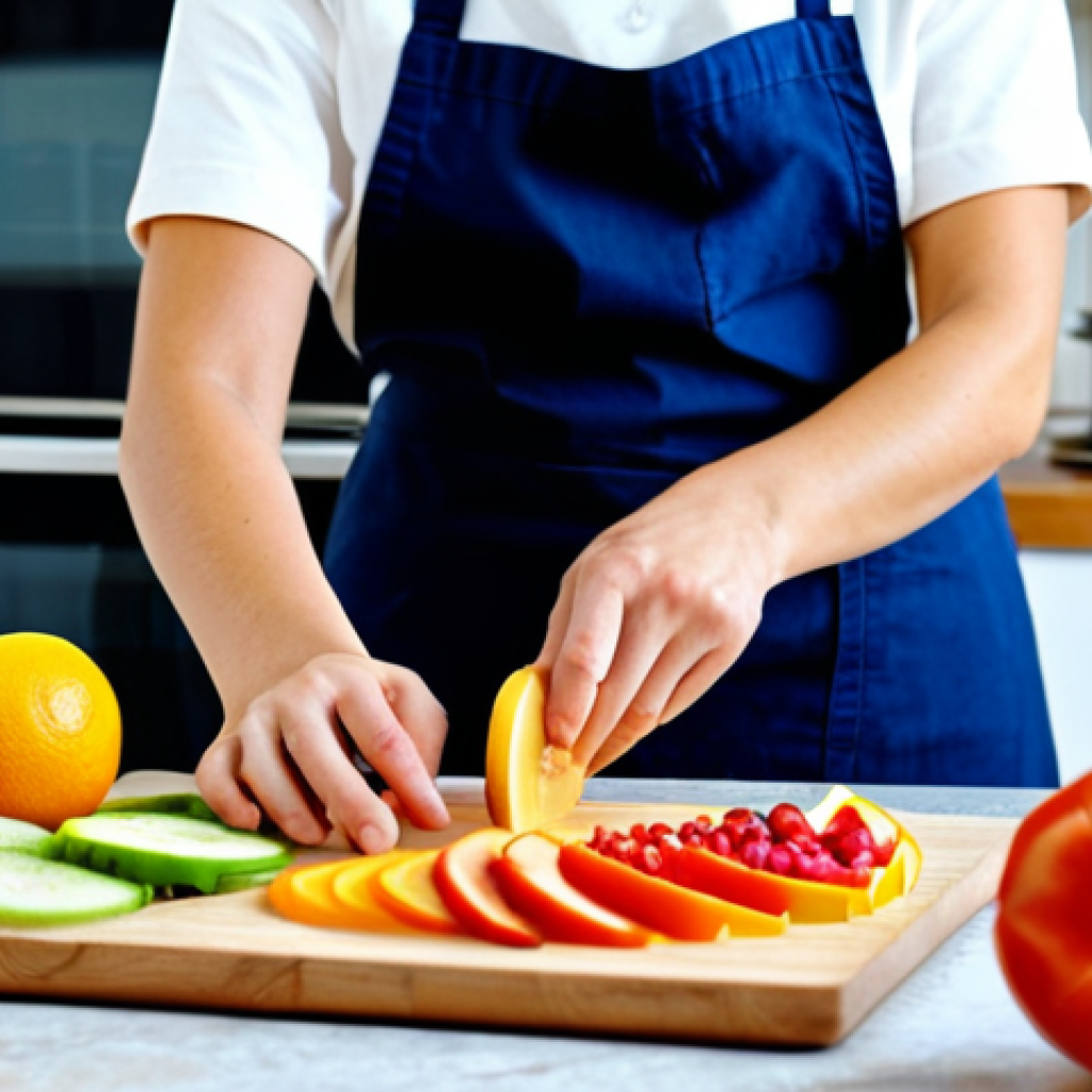 Healthy Snacks Preparation**
"A brightly lit kitchen scene. A woman wearing an apron, fully clothed, is preparing fruit slices on a cutting board, with a food dehydrator in the background filled with various fruits and vegetables, all fully visible. Safe for work, appropriate content, professional, modest, family-friendly. Perfect anatomy, correct proportions, natural pose, well-formed hands, proper finger count, natural body proportions, high quality photography."
**