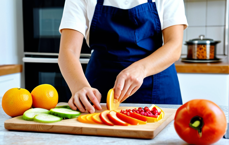 Healthy Snacks Preparation**
"A brightly lit kitchen scene. A woman wearing an apron, fully clothed, is preparing fruit slices on a cutting board, with a food dehydrator in the background filled with various fruits and vegetables, all fully visible. Safe for work, appropriate content, professional, modest, family-friendly. Perfect anatomy, correct proportions, natural pose, well-formed hands, proper finger count, natural body proportions, high quality photography."
**