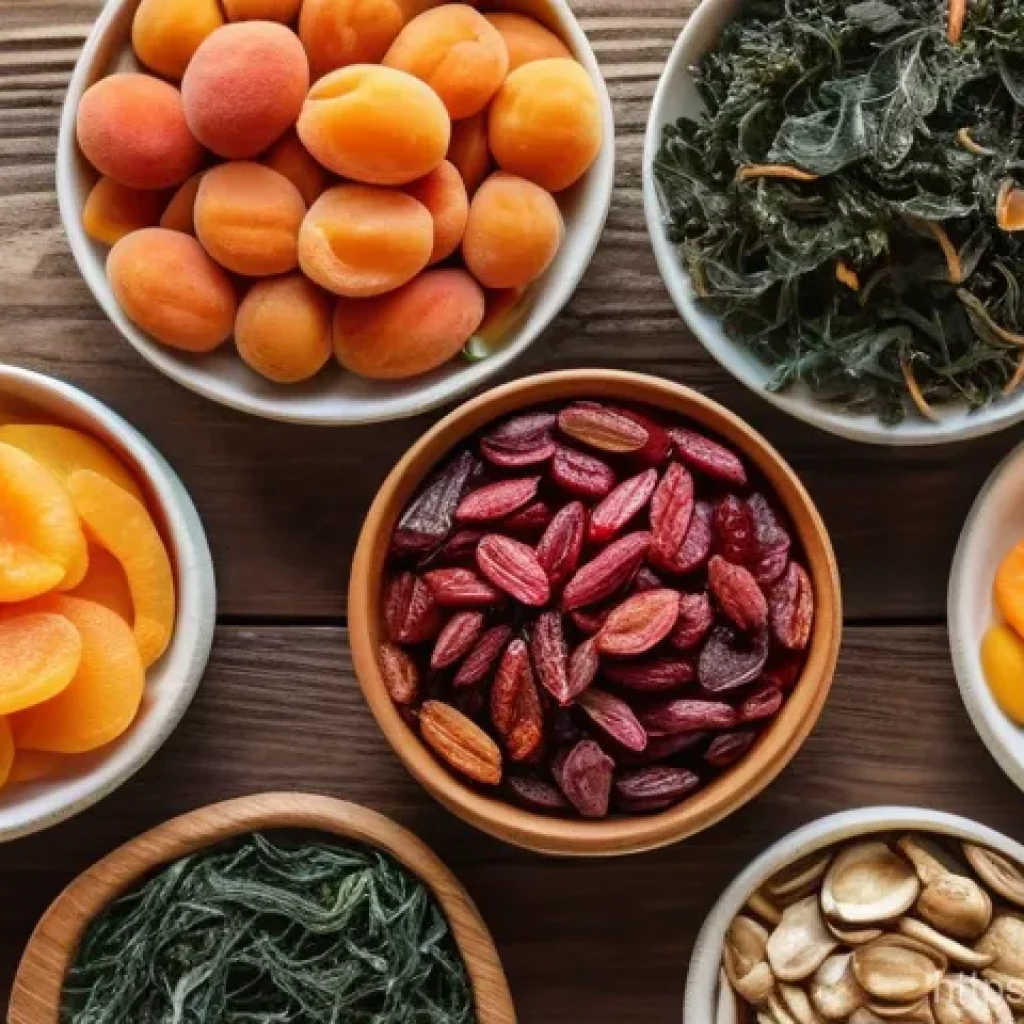 건조 식품의 소비자 경험 향상 방법 - A vibrant, close-up shot of a diverse assortment of dried foods. The image features hands reaching f...