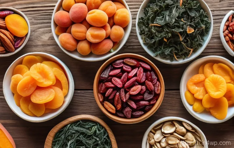 건조 식품의 소비자 경험 향상 방법 - A vibrant, close-up shot of a diverse assortment of dried foods. The image features hands reaching f...