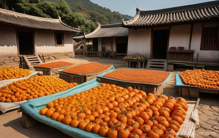 건조 식품 제조의 역사 및 발전 과정 - **Prompt 1: Ancient Sun-Drying Wisdom**
A wide-angle, cinematic shot of a serene ancient village...