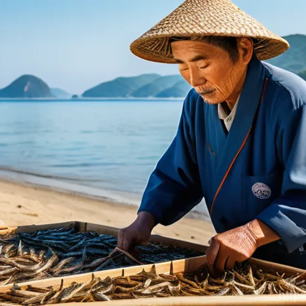 건조 식품의 지역별 제조 기술 차이 - A serene coastal scene on Korea's South Coast, with countless small anchovies meticulously spread ou...