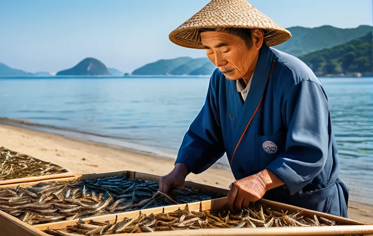 건조 식품의 지역별 제조 기술 차이 - A serene coastal scene on Korea's South Coast, with countless small anchovies meticulously spread ou...