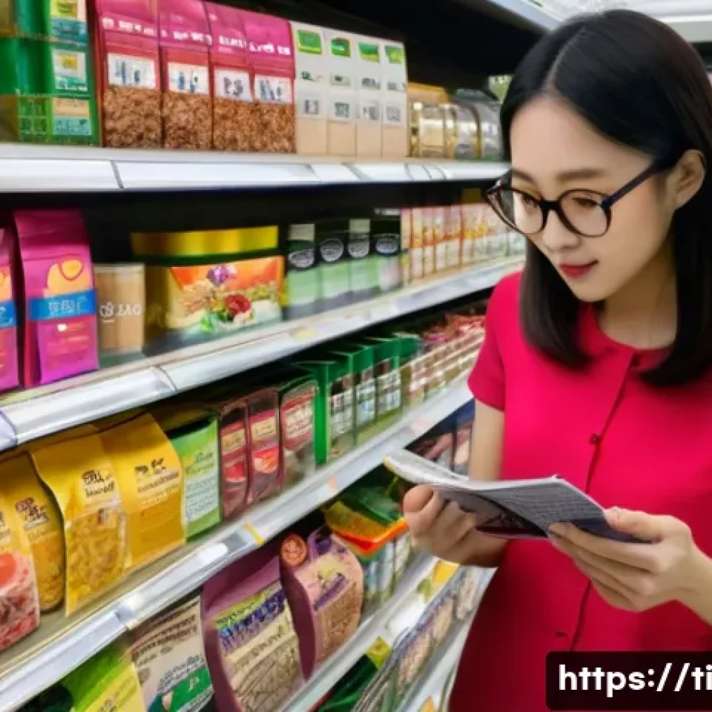 건조 식품 제조에 대한 소비자의 기대와 요구 - A Korean mother carefully examines a package of dried seaweed at a grocery store. She is wearing a c...