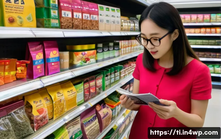 건조 식품 제조에 대한 소비자의 기대와 요구 - A Korean mother carefully examines a package of dried seaweed at a grocery store. She is wearing a c...