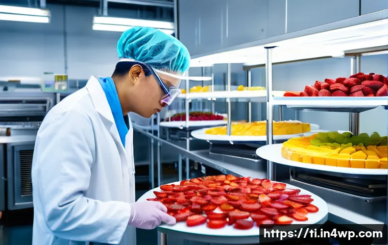 전문가가 추천하는 건조 식품 제조 용어 - A professional food scientist, wearing a pristine white lab coat and safety glasses, meticulously ex...