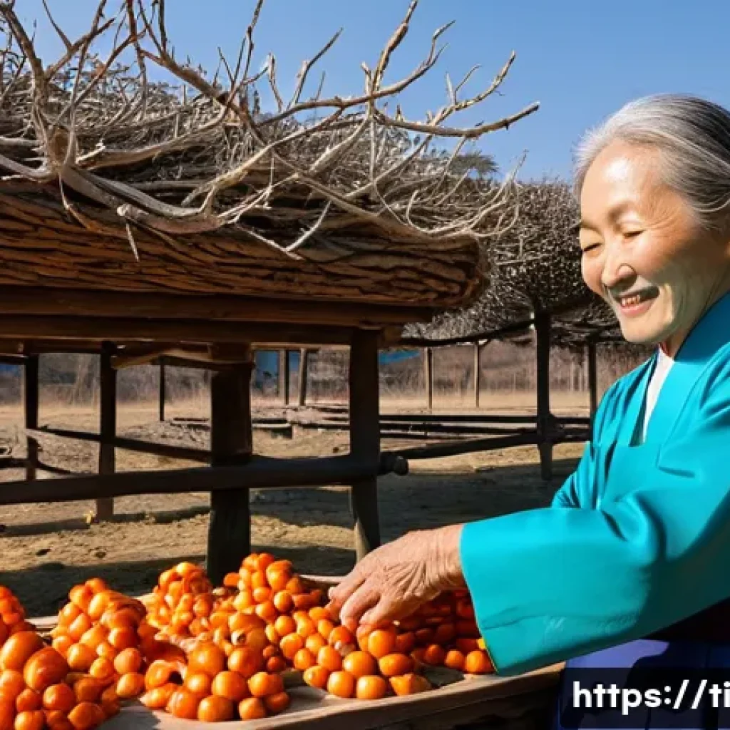 건조 식품의 역사적 의미와 변화 - **Prompt:** A serene, sun-drenched scene in a traditional Korean village. An elderly Korean woman, w...