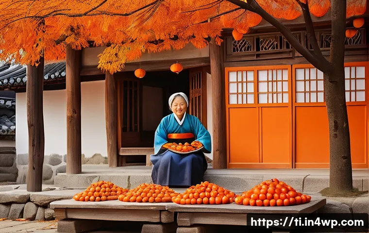 건조 식품의 문화적 가치와 중요성 - A serene and picturesque autumn scene in a traditional Korean Hanok courtyard. Strings of perfectly ...
