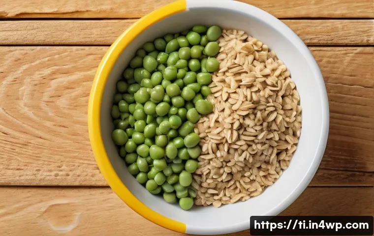 식사 대용으로 적합한 건조 식품 조합 - A vibrant and detailed close-up of a balanced meal replacement dry food bowl featuring plant-based p...