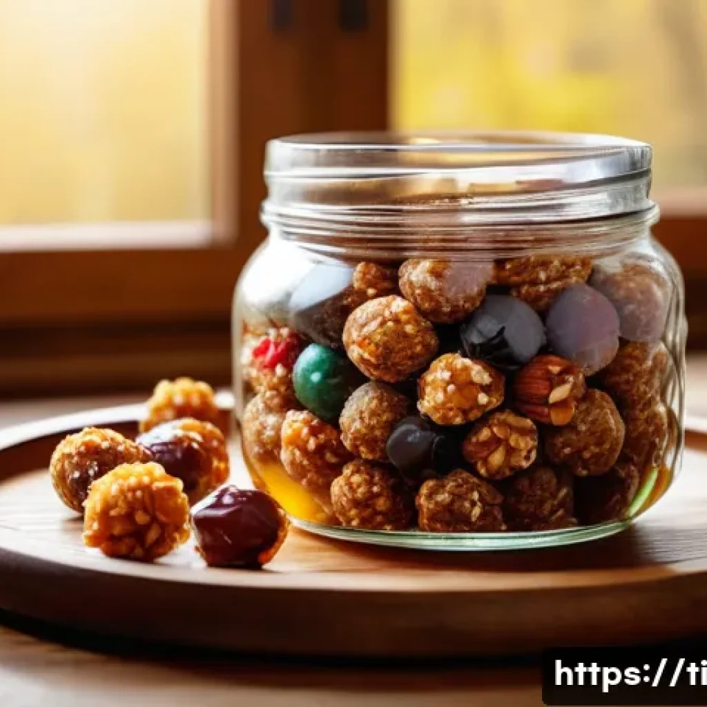 건조 식품을 활용한 간편 요리법 - A vibrant kitchen scene showcasing homemade energy balls made from finely chopped dried fruits like ...