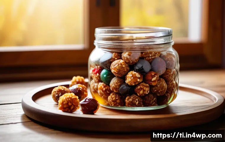 건조 식품을 활용한 간편 요리법 - A vibrant kitchen scene showcasing homemade energy balls made from finely chopped dried fruits like ...
