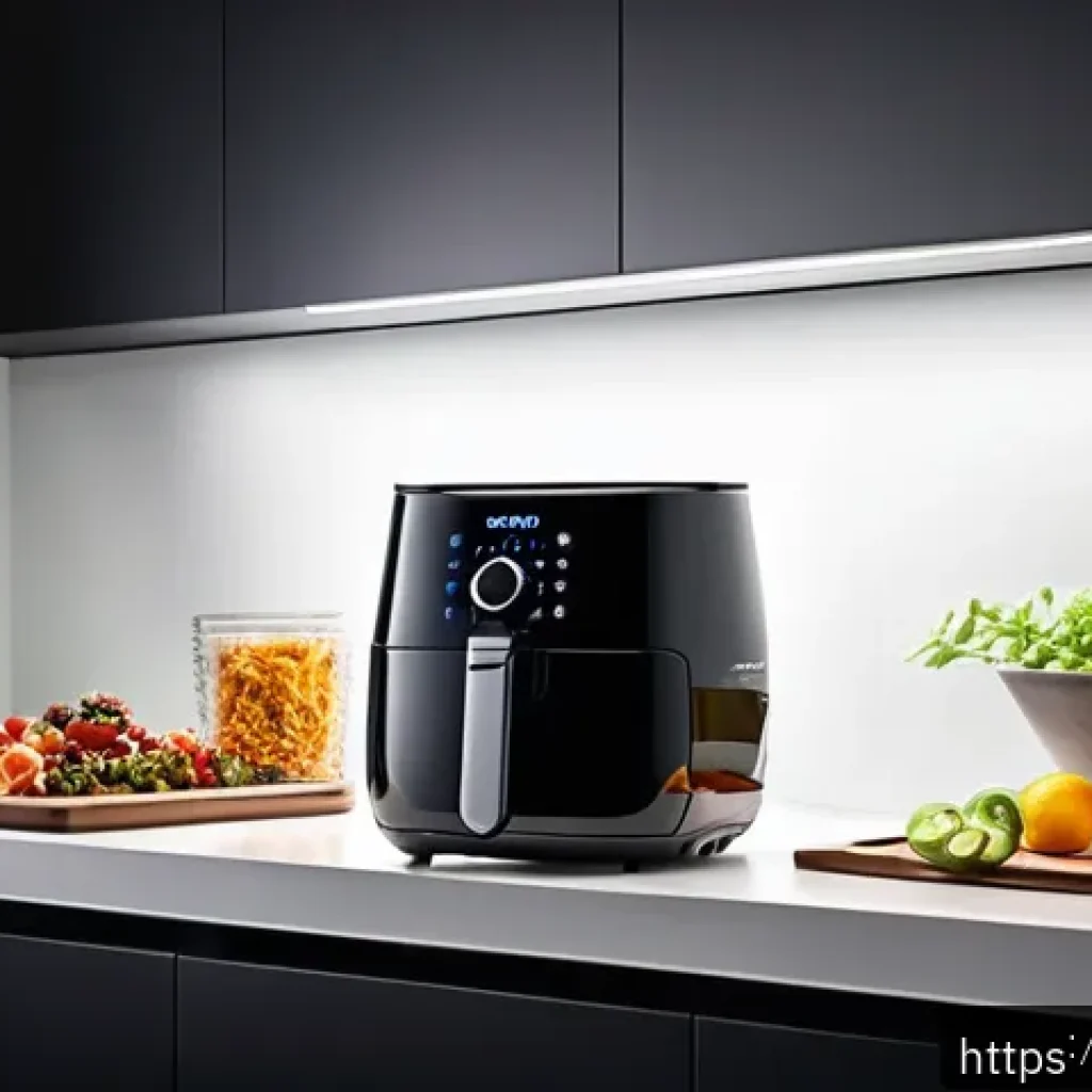 식품 건조 방법 비교 에어프라이어 vs 오븐 - A modern kitchen scene featuring a sleek air fryer in use, showing hot air circulation with visible ...