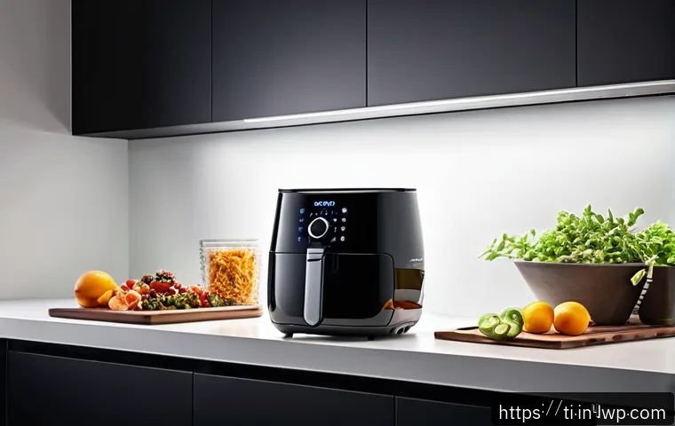 식품 건조 방법 비교  에어프라이어 vs 오븐 - A modern kitchen scene featuring a sleek air fryer in use, showing hot air circulation with visible ...