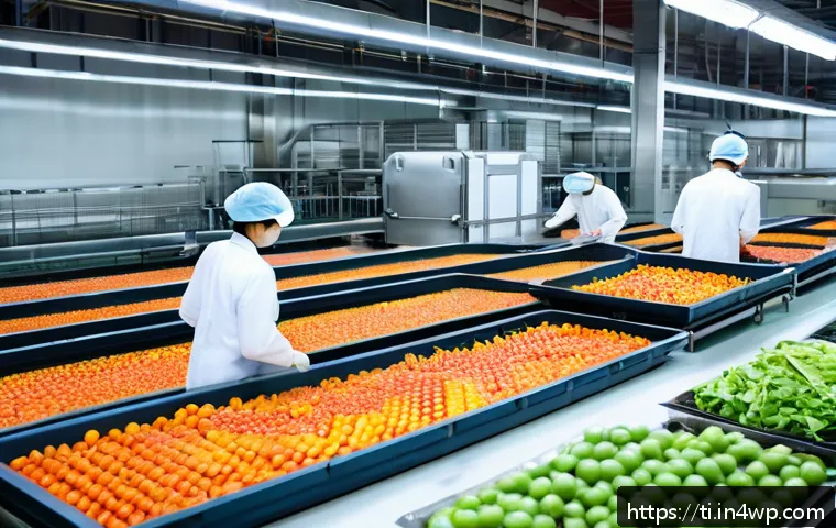 프로젝트로 진행하기 좋은 건조 식품 제조 - A highly detailed industrial food drying facility showcasing fresh fruits and vegetables being caref...
