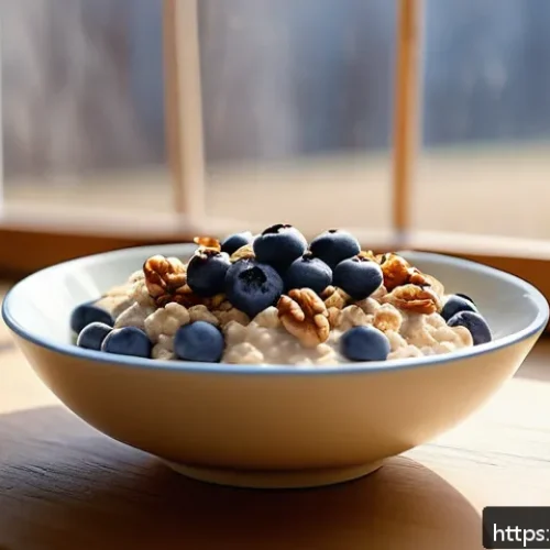 Home 33 건조 식품의 다채로운 활용 방안 - A cozy breakfast table scene featuring a bowl of creamy oatmeal topped with vibrant dried blueberrie...