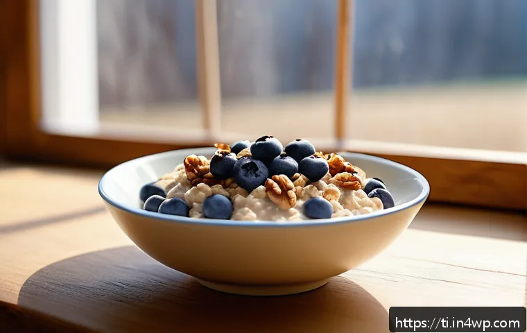건조 식품의 다채로운 활용 방안 - A cozy breakfast table scene featuring a bowl of creamy oatmeal topped with vibrant dried blueberrie...