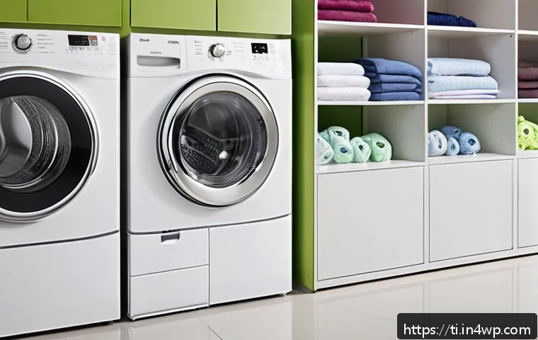 기계식 건조기 사용법과 관리 팁 - A modern laundry room scene showing a front-loading dryer with a clear digital control panel display...
