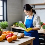Home 23 건조 식품 제조를 위한 온라인 교육 과정 - A detailed and vibrant kitchen scene showing a person preparing fresh fruits and vegetables for dryi...
