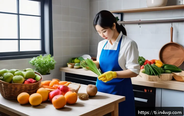 건조 식품 제조를 위한 온라인 교육 과정 - A detailed and vibrant kitchen scene showing a person preparing fresh fruits and vegetables for dryi...