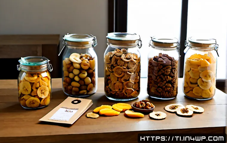 Home 17 공유하기 좋은 건조 식품 선물 아이디어 - Photorealistic overhead gift arrangement of shareable dried food treats: clear glass jars and simple...