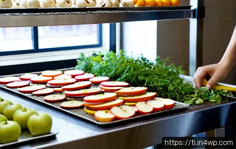 Home 17 건조 식품의 특별한 처리 방법 - Photorealistic close-up of a home food preservation workspace, sliced apples, mushrooms, and herbs a...