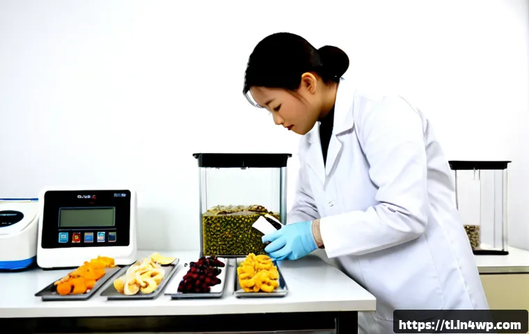 Home 17 건조 식품의 품질 관리 및 검사 방법 - Photorealistic food quality control laboratory scene, a technician in clean white coat and gloves in...