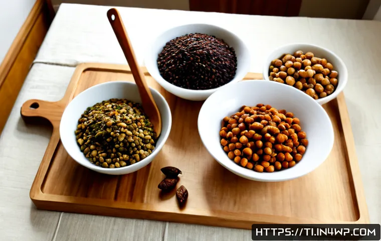 Home 17 비건을 위한 건조 식품 레시피 - Photorealistic overhead kitchen scene of colorful vegan dried food ingredients arranged in neat glas...